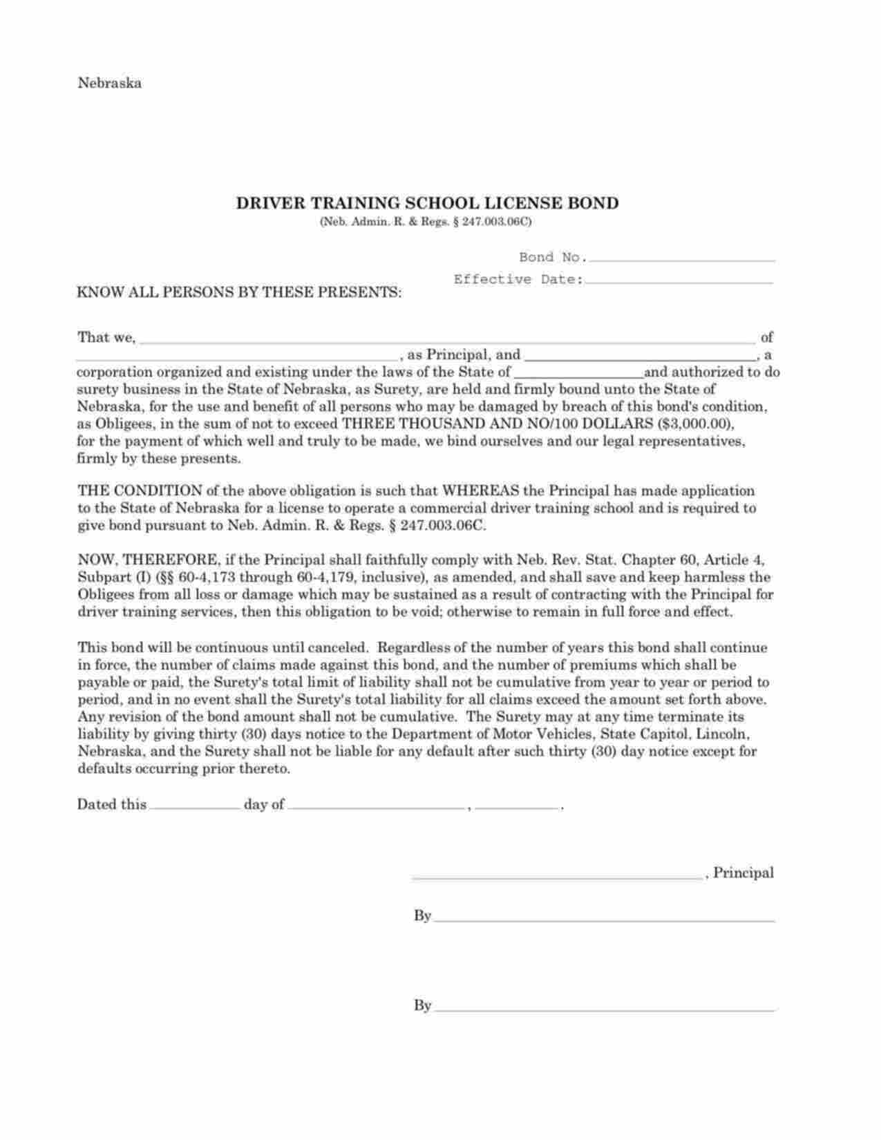 Nebraska Driver Training School Bond Form