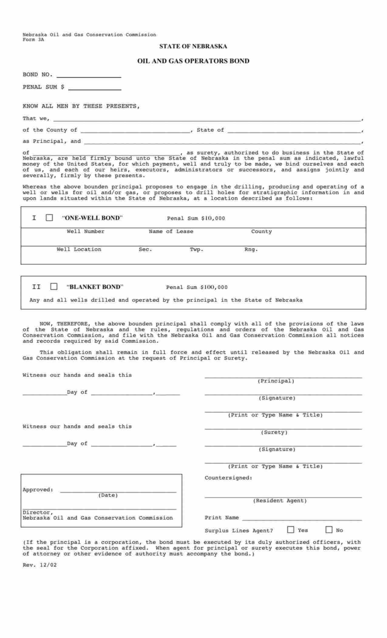 Nebraska Oil and Gas - 1 Well Bond Form