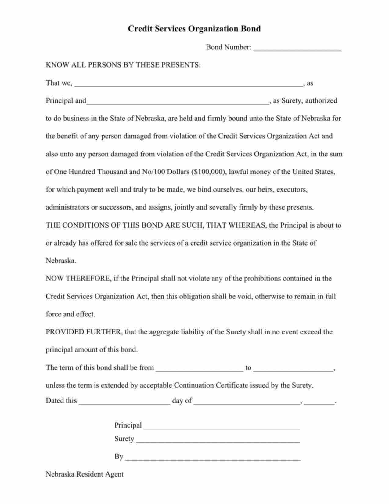 Nebraska Credit Services Organization Bond Form