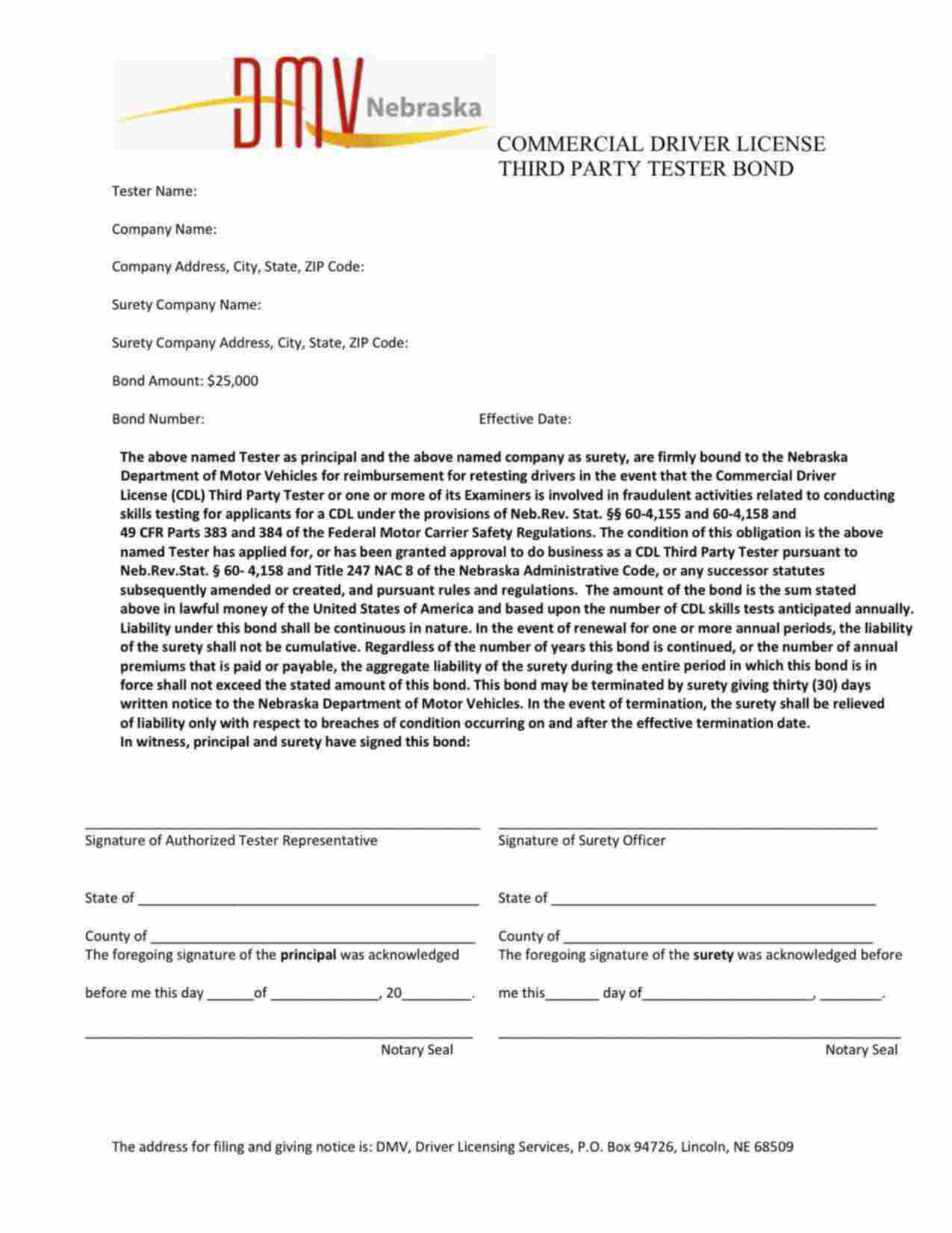 Nebraska Commercial Driver License (CDL) Third Party Tester Bond Form