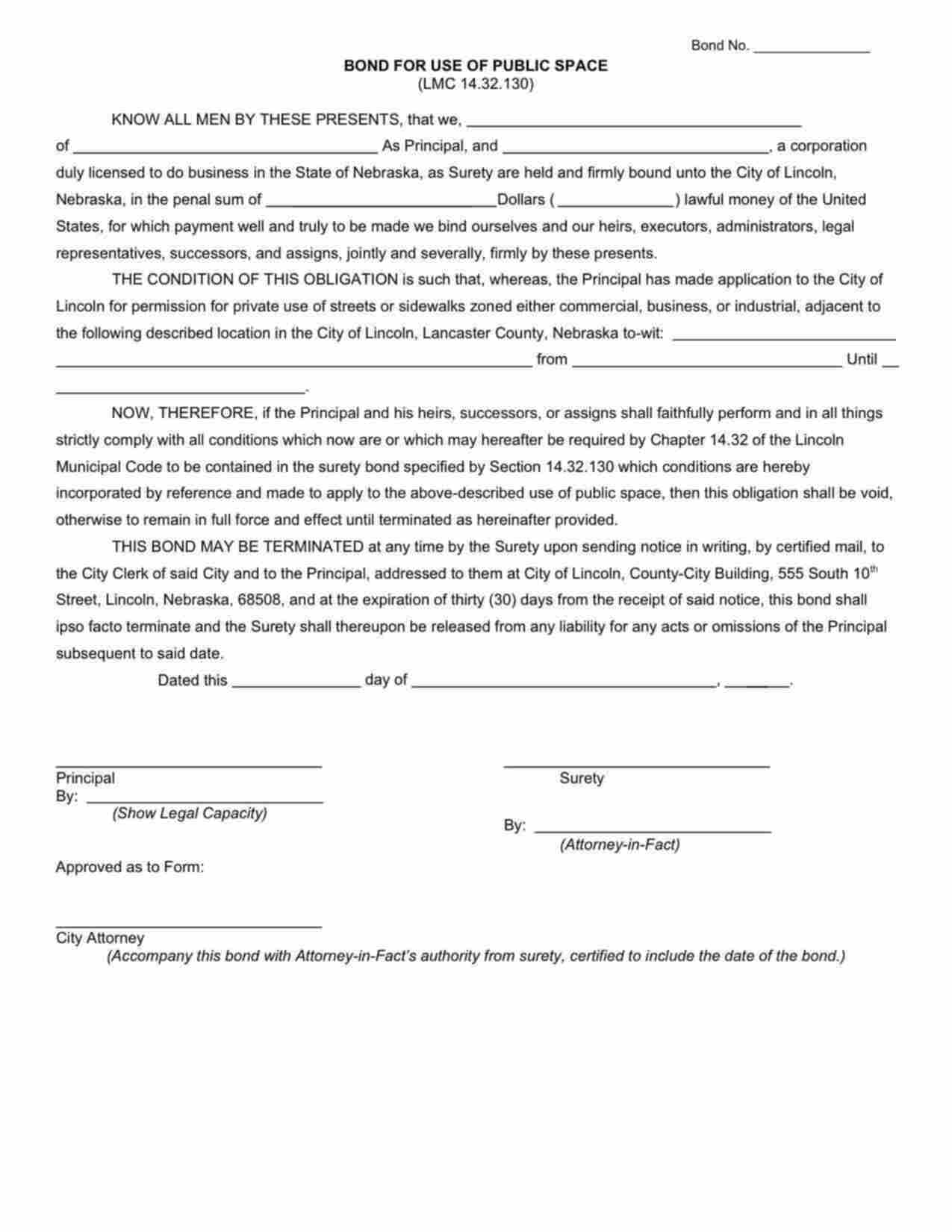 Nebraska User of Public Space (Special Event Permit) Bond Form