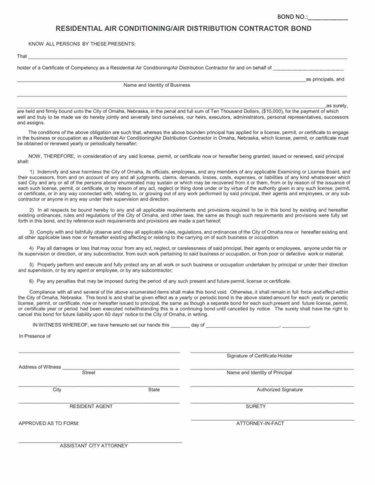 Nebraska Residential Air Conditioning/Air Distribution Contractor Bond Form