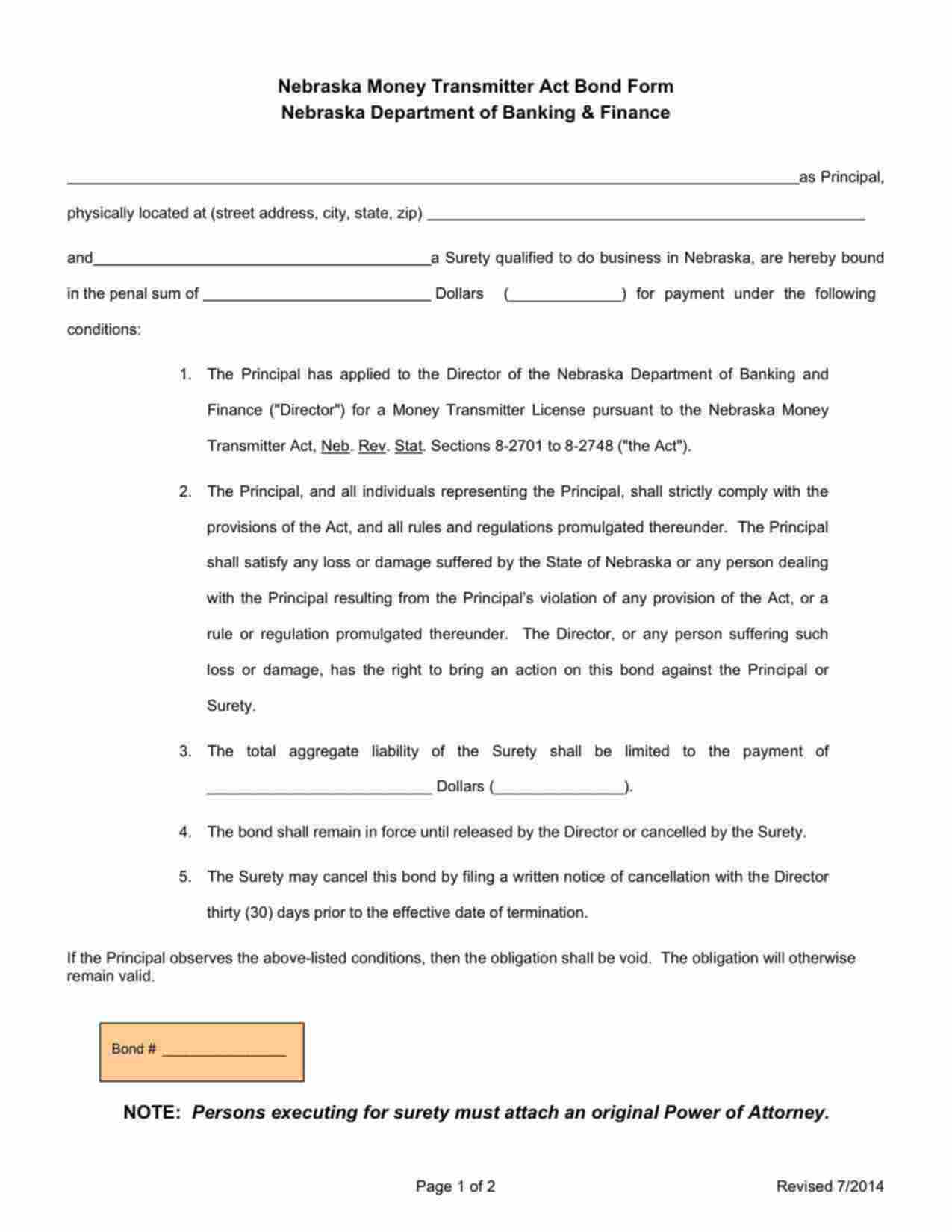 Nebraska Money Transmitter Bond Form