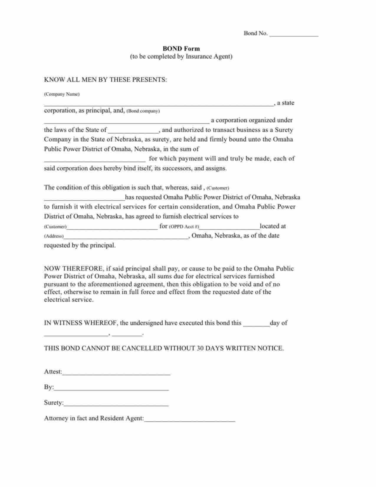 Nebraska Utility Deposit Bond Form