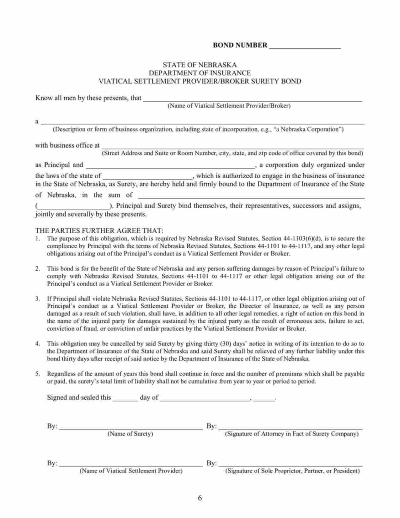 Nebraska Viatical Settlement Provider/Broker Bond Form