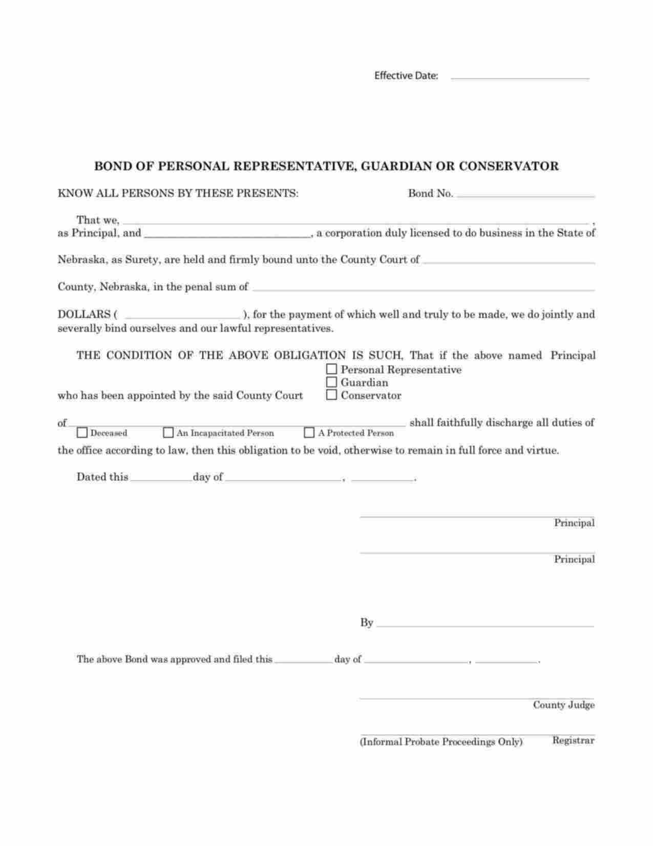 Nebraska Personal Representative Bond Form