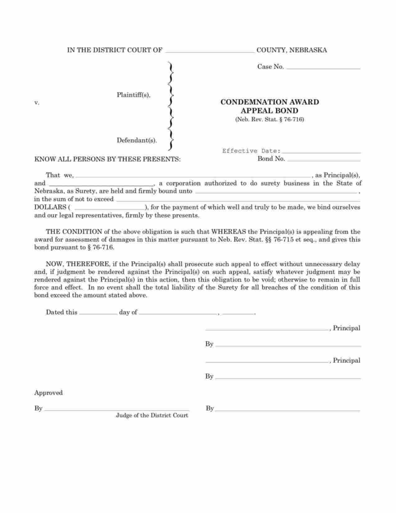 Nebraska Condemnation Award Appeal Bond Form