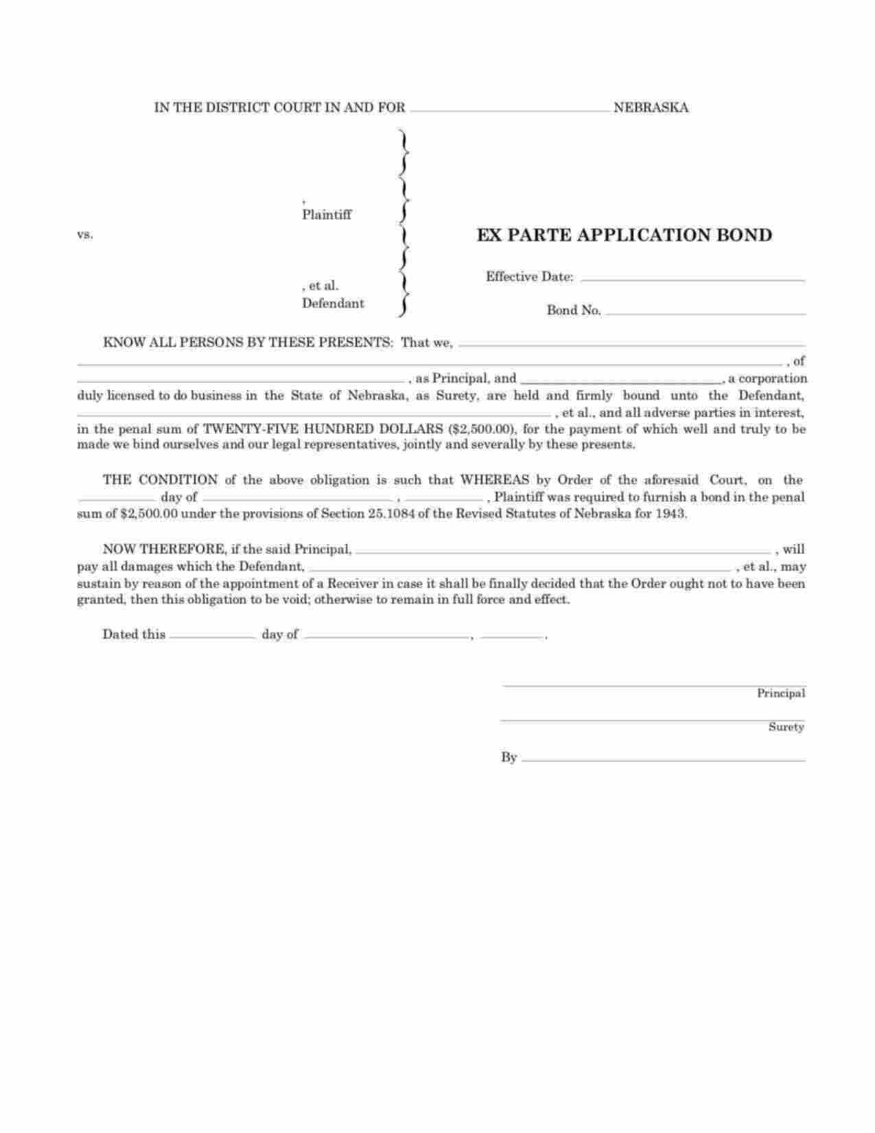 Nebraska Ex Parte Application Bond Form