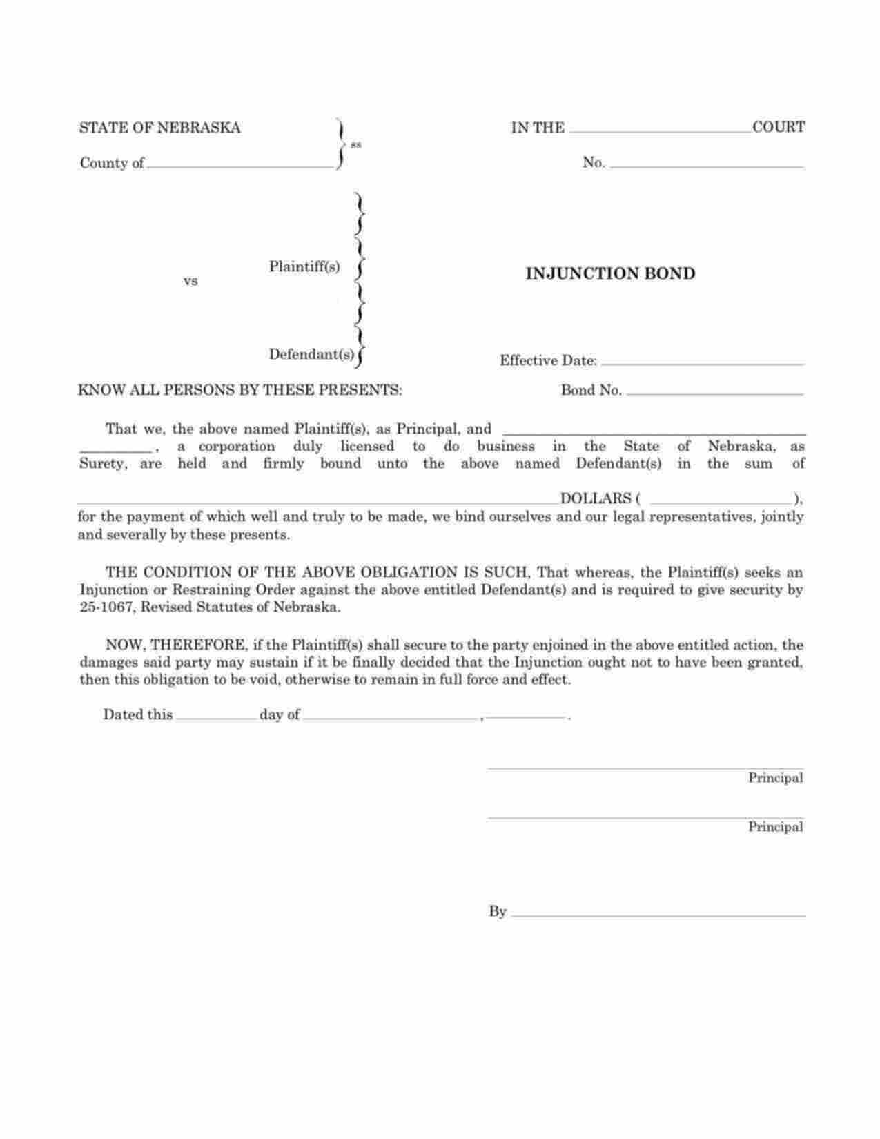 Nebraska Injunction Bond Form