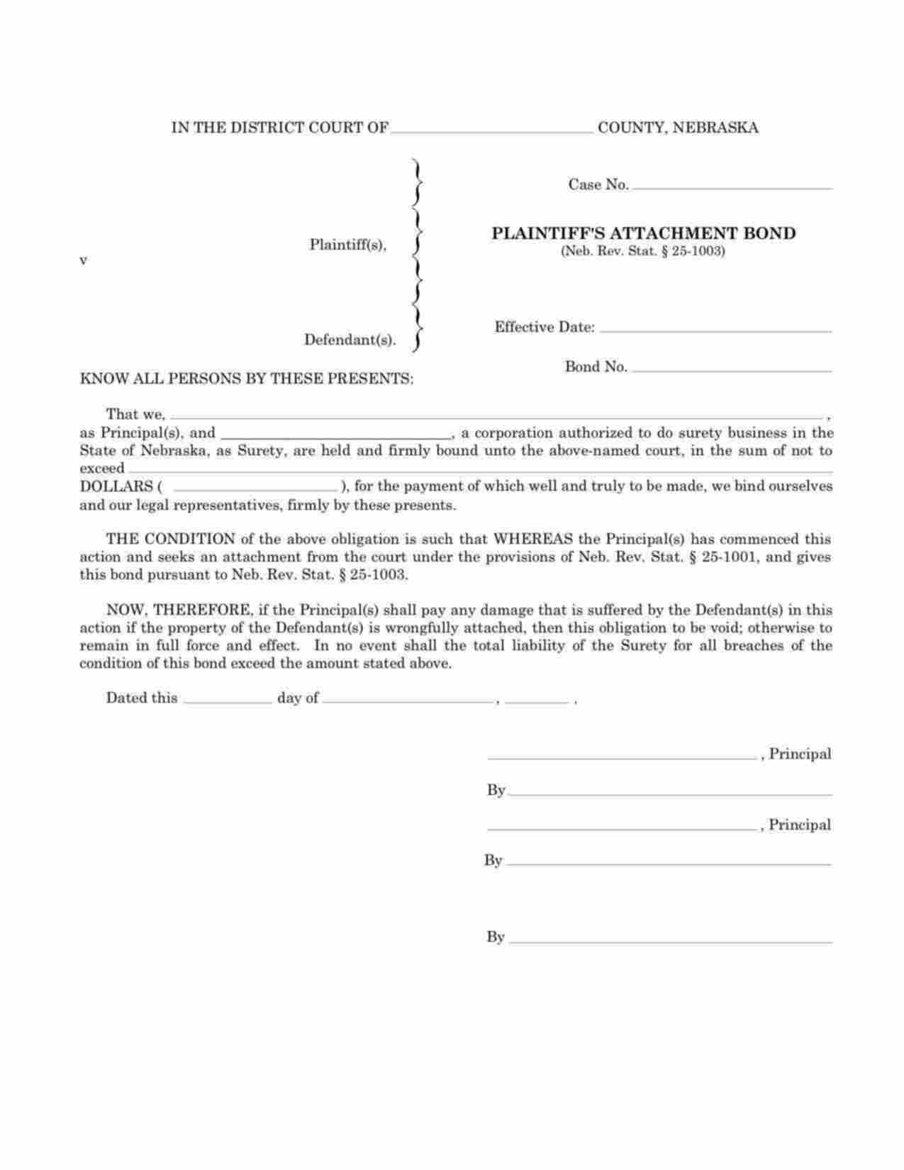 Nebraska Plaintiffs Attachment Bond Form