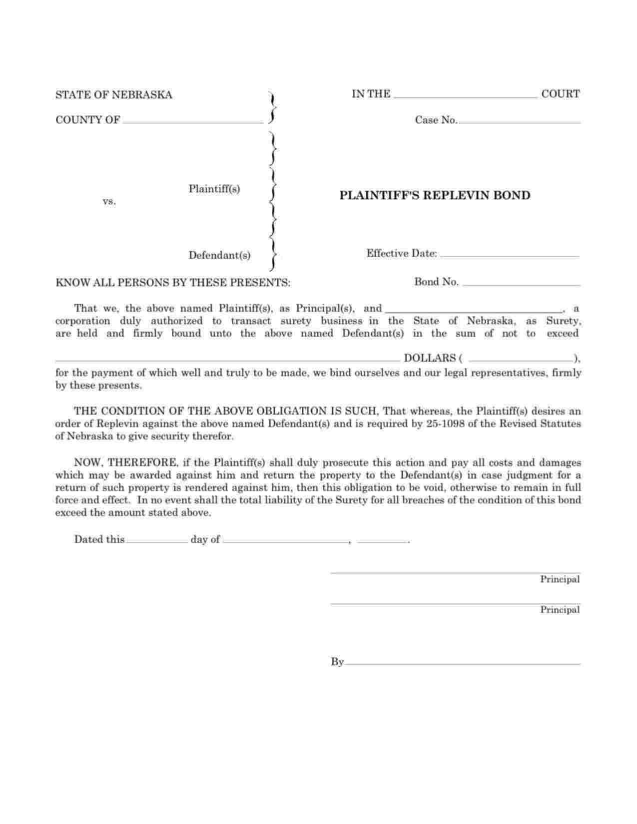 Nebraska Plaintiffs Replevin Bond Form