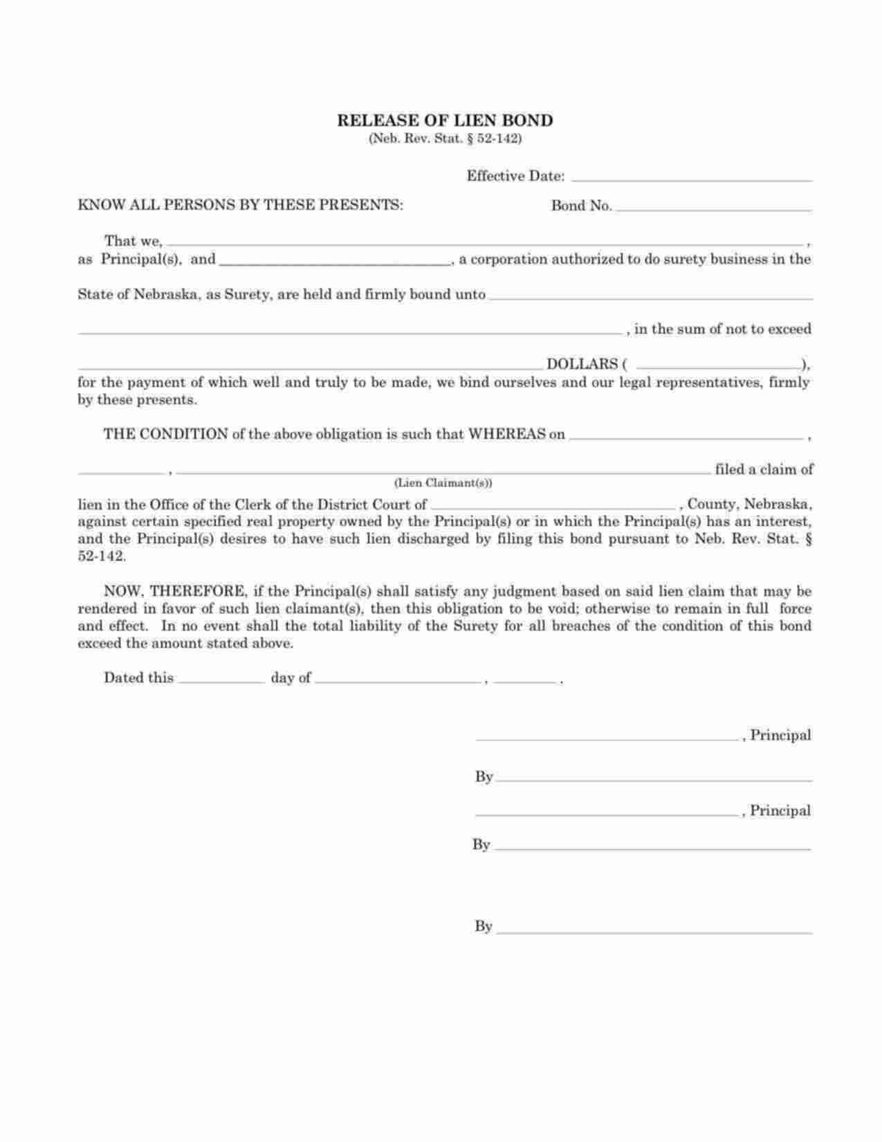 Nebraska Release of Lien Bond Form