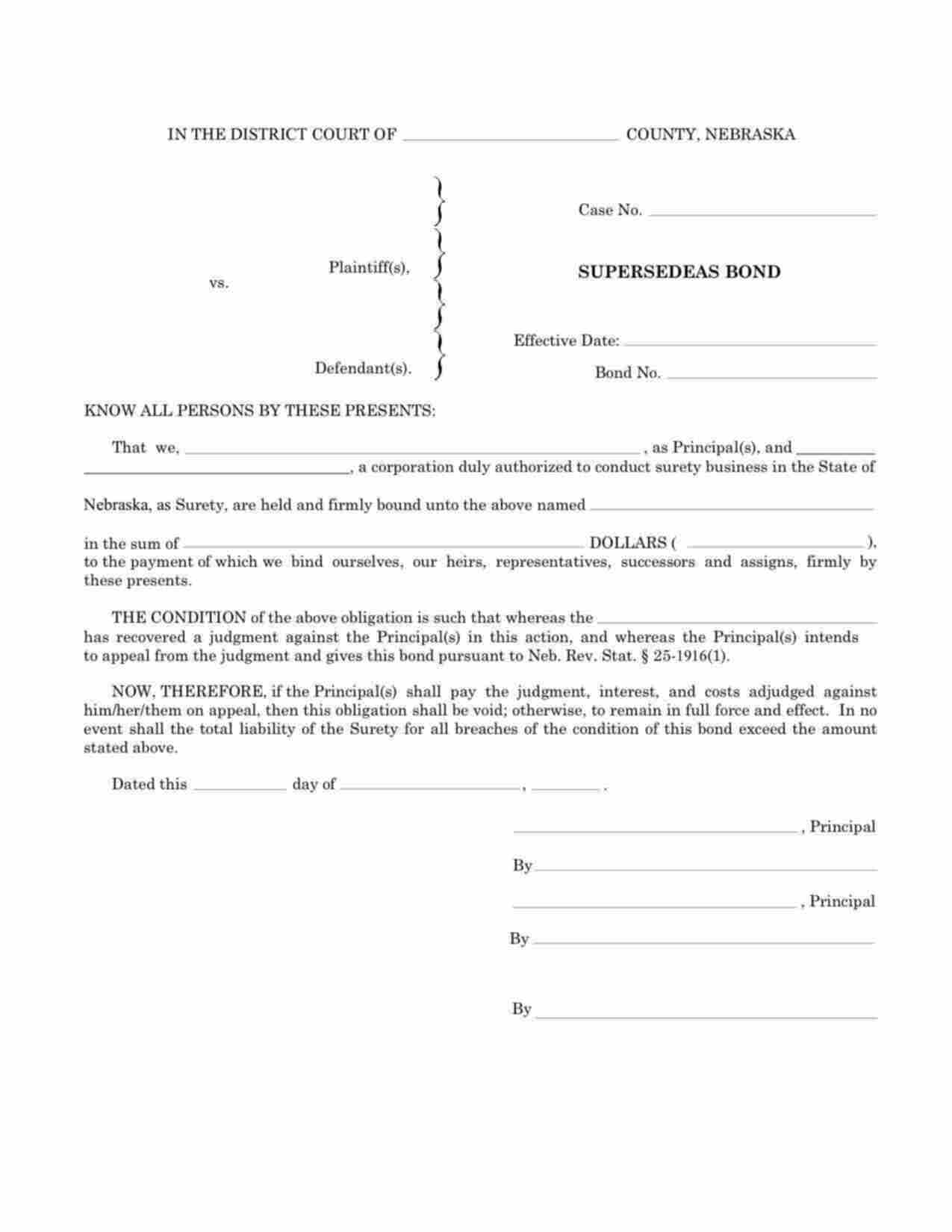 Nebraska Supersedeas - District Court Bond Form