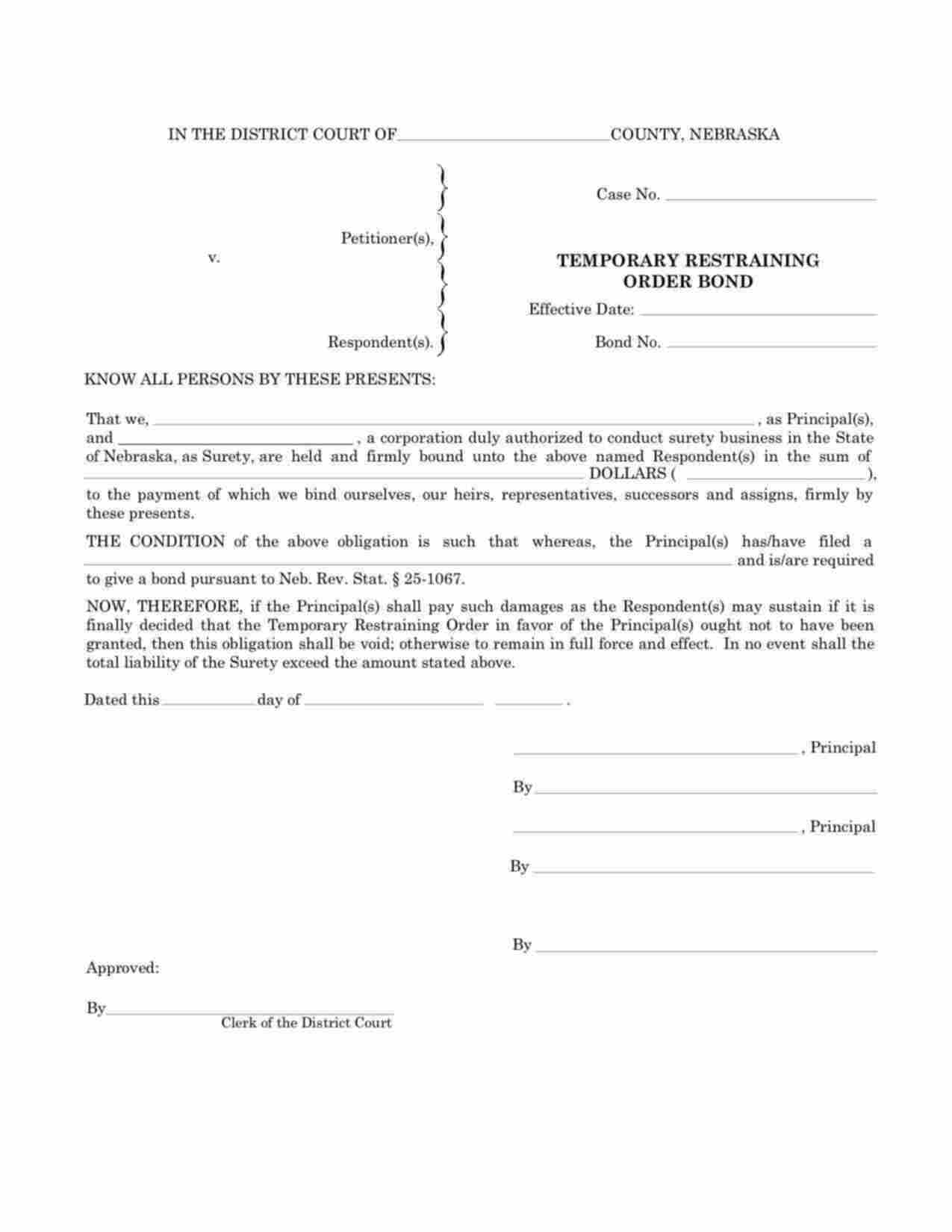 Nebraska Temporary Restraining Order Bond Form