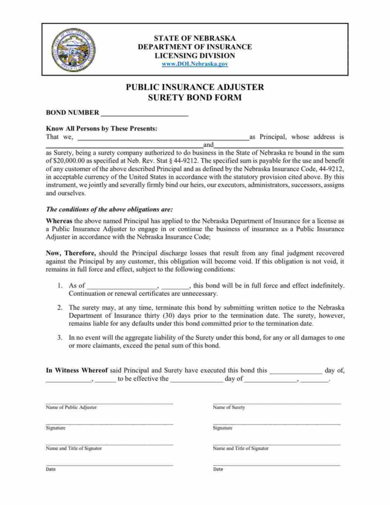 Nebraska Public Insurance Adjuster Bond Form