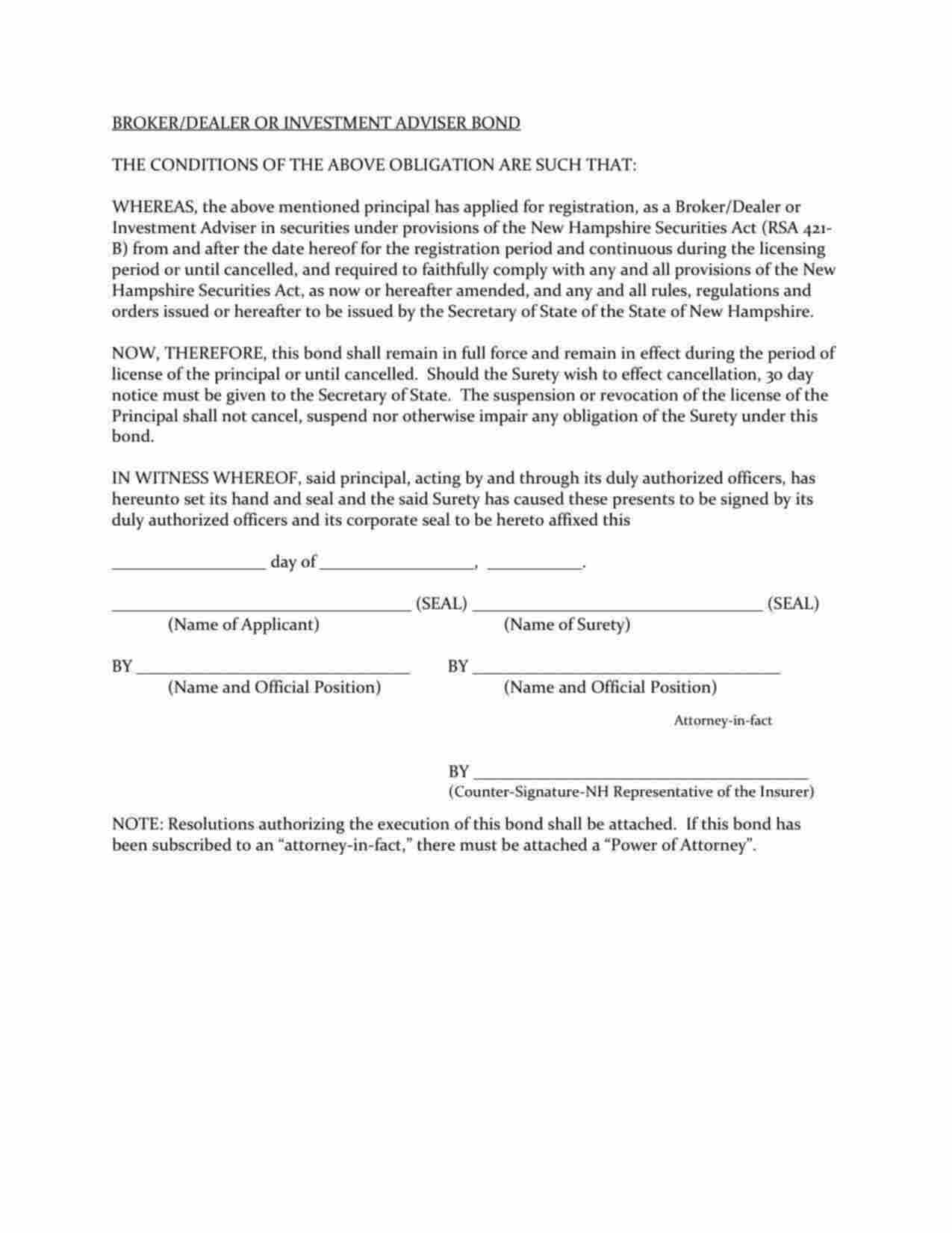 New Hampshire Broker/Dealer or Investment Adviser Bond Form