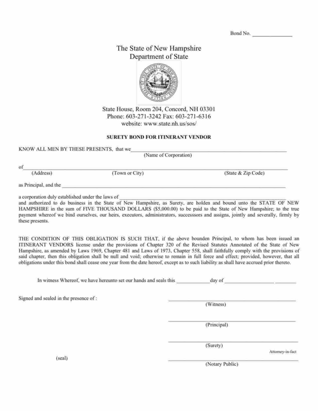 New Hampshire Itinerant Vendor Bond Form