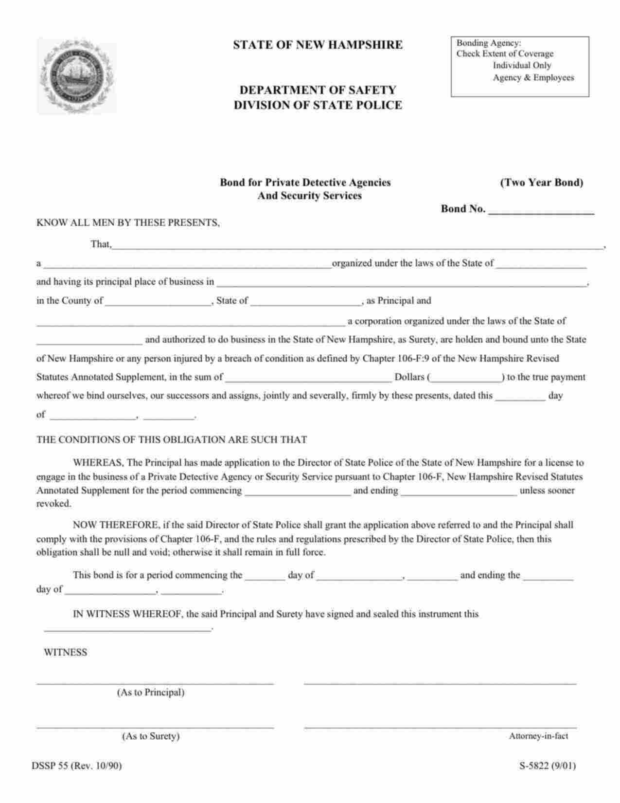 New Hampshire Private Detective Agencies and Security Services (Individual Only) Bond Form