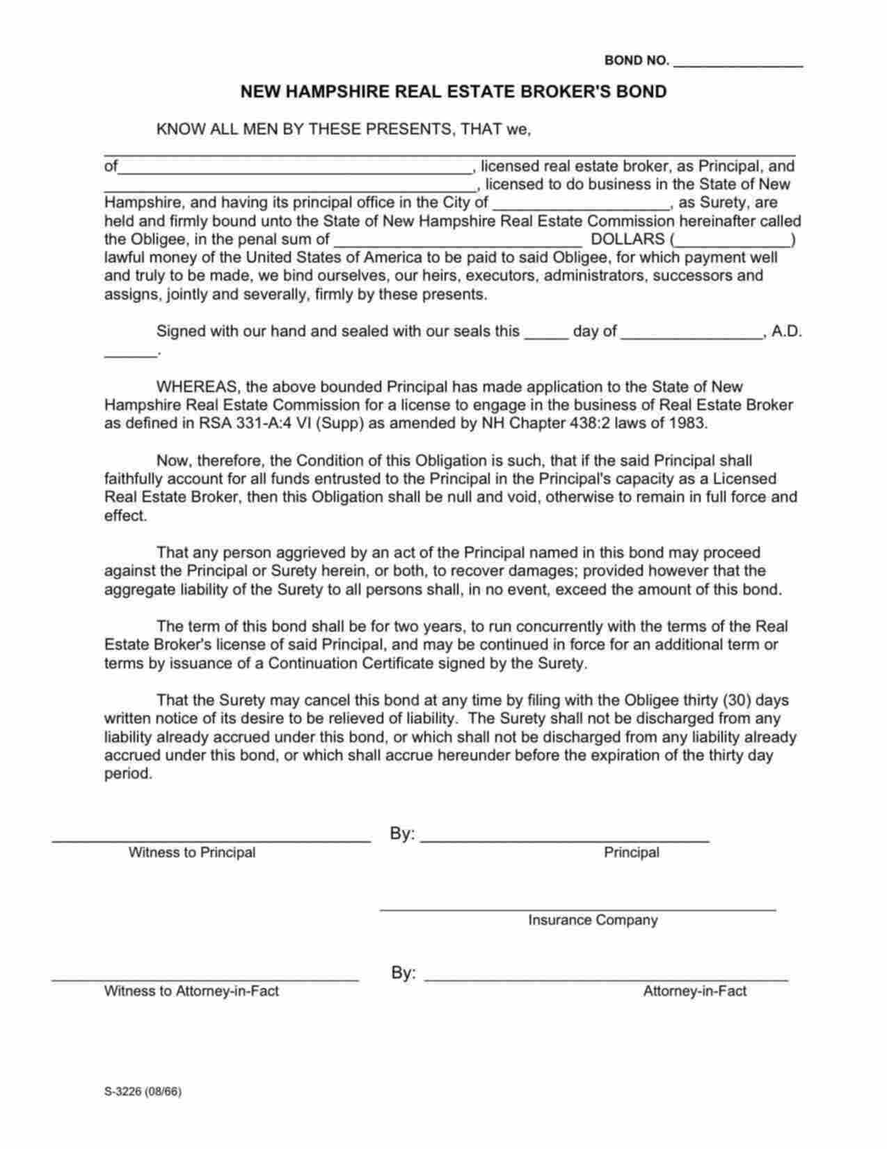 New Hampshire Real Estate Broker Bond Form