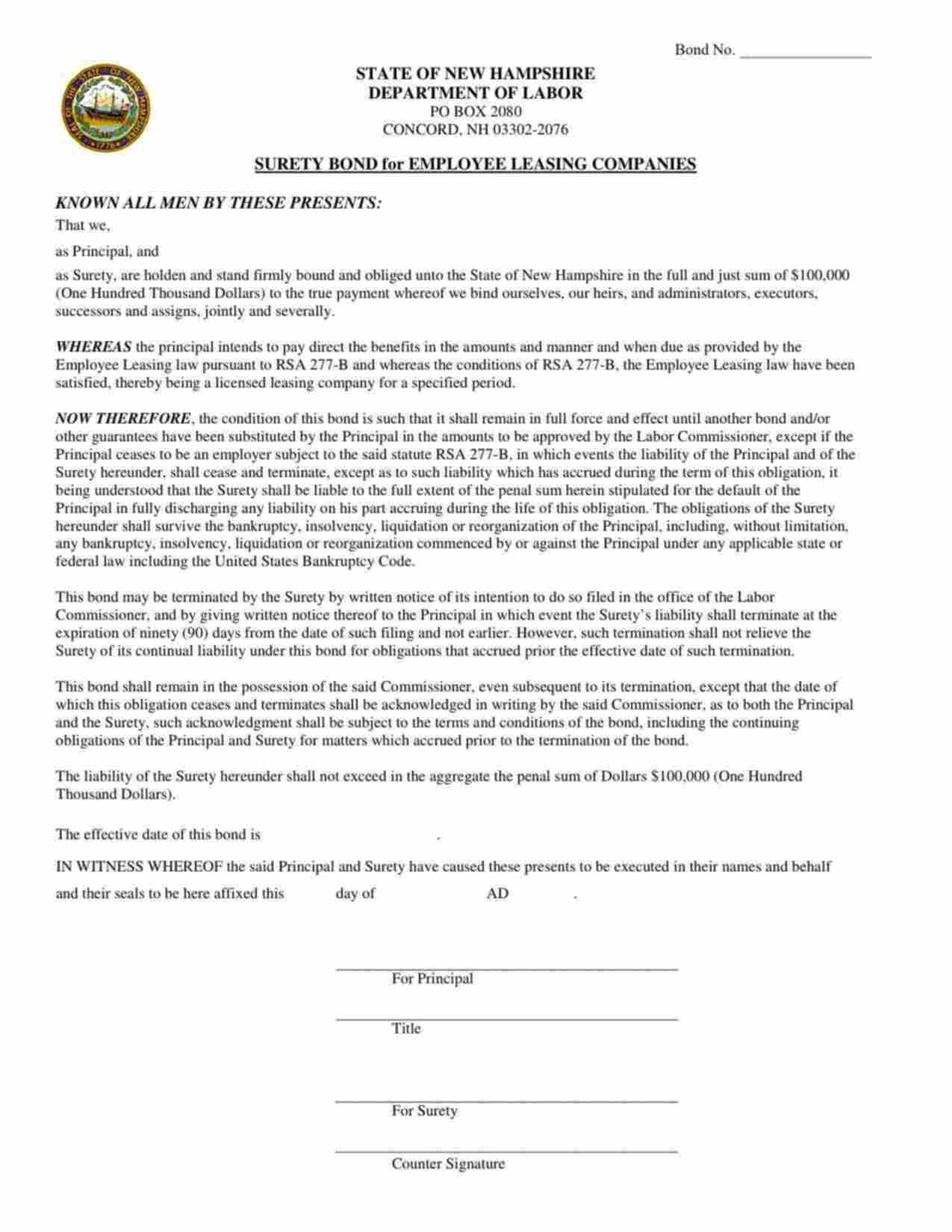 New Hampshire Employee Leasing Bond Form