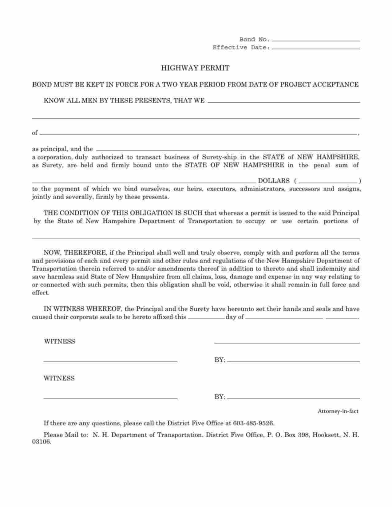 New Hampshire Highway Permit Bond Form