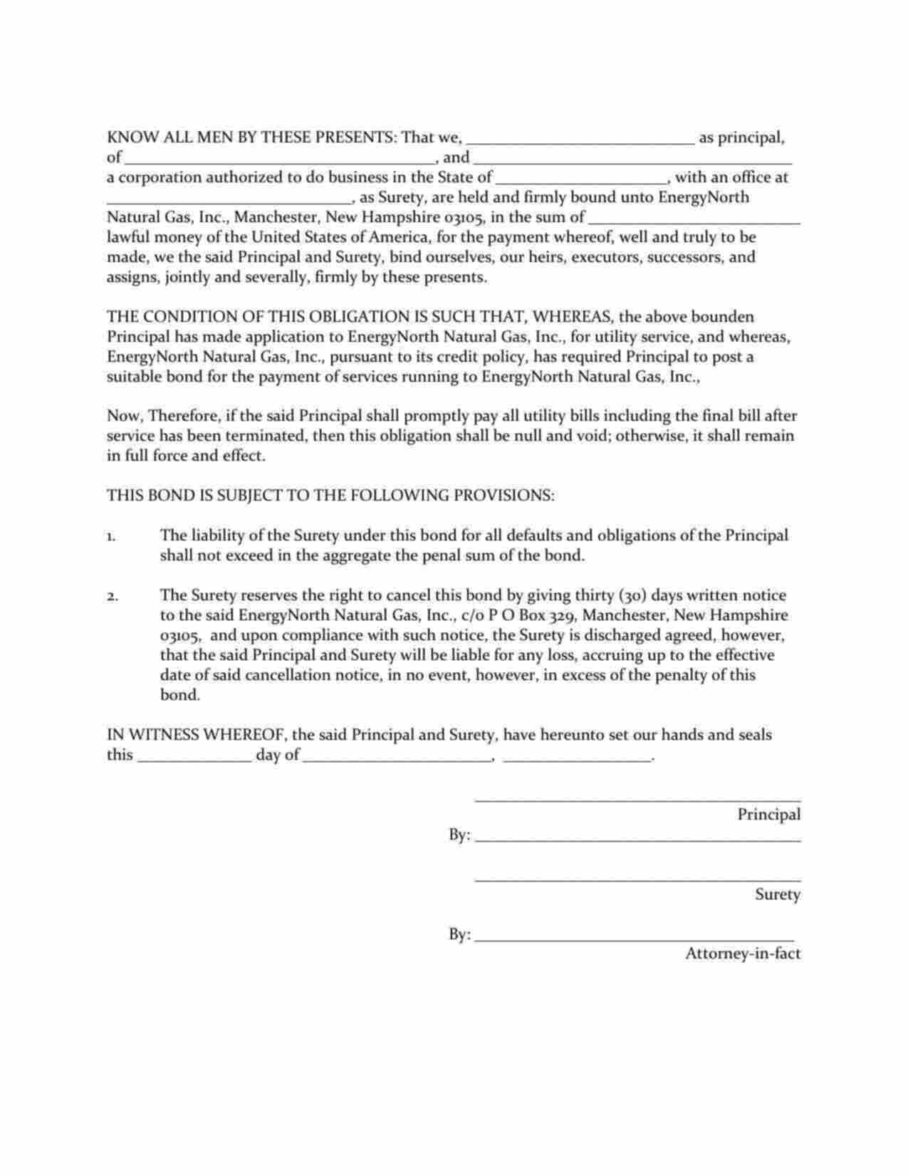 New Hampshire Utility Deposit Bond Form