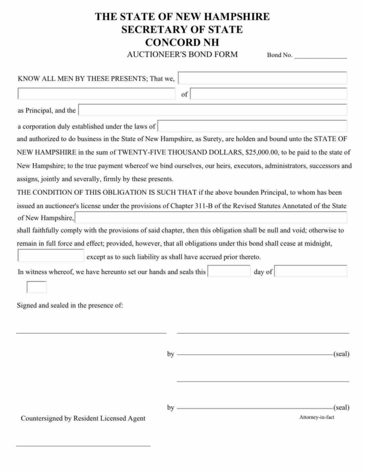 New Hampshire Auctioneer Bond Form