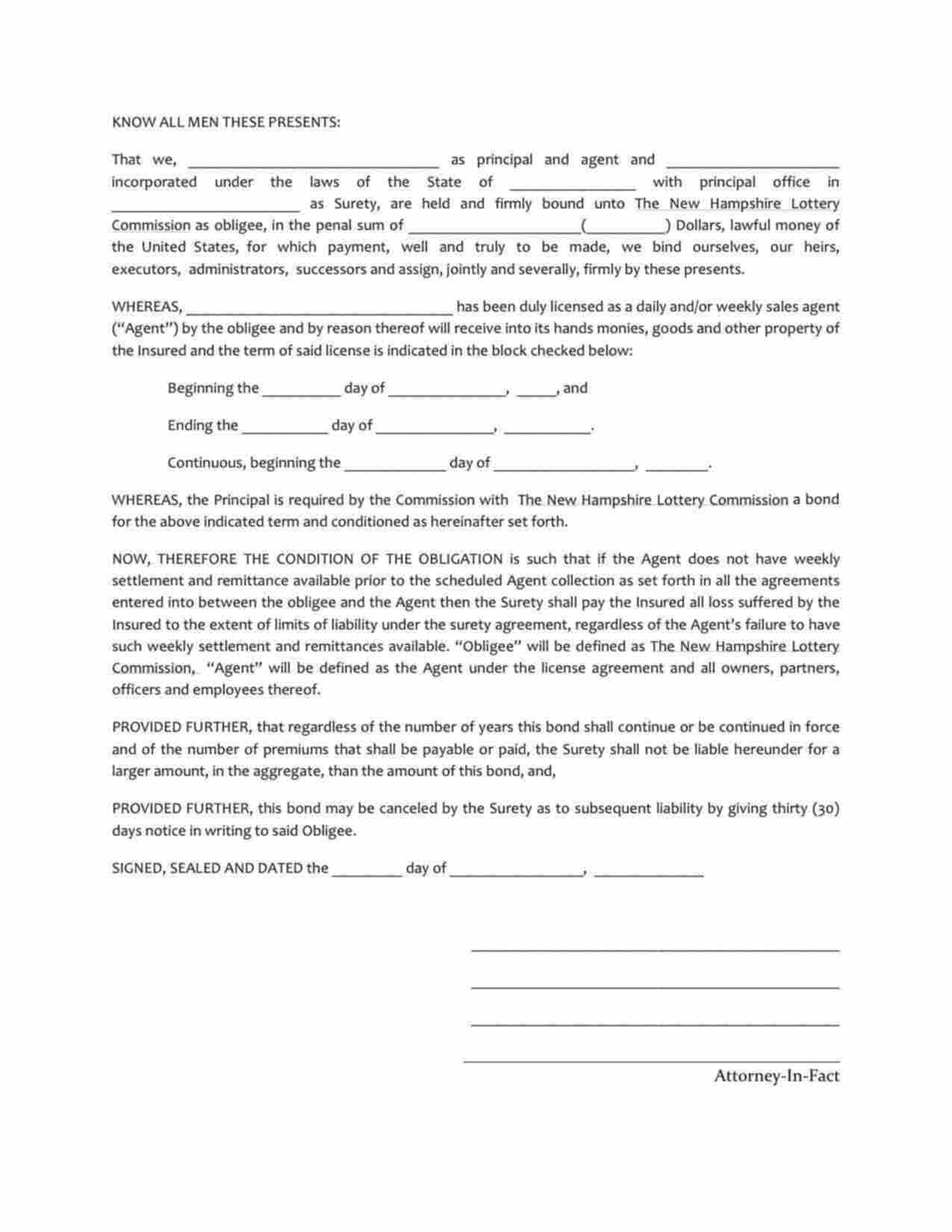 New Hampshire Lottery Sales Agent Bond Form