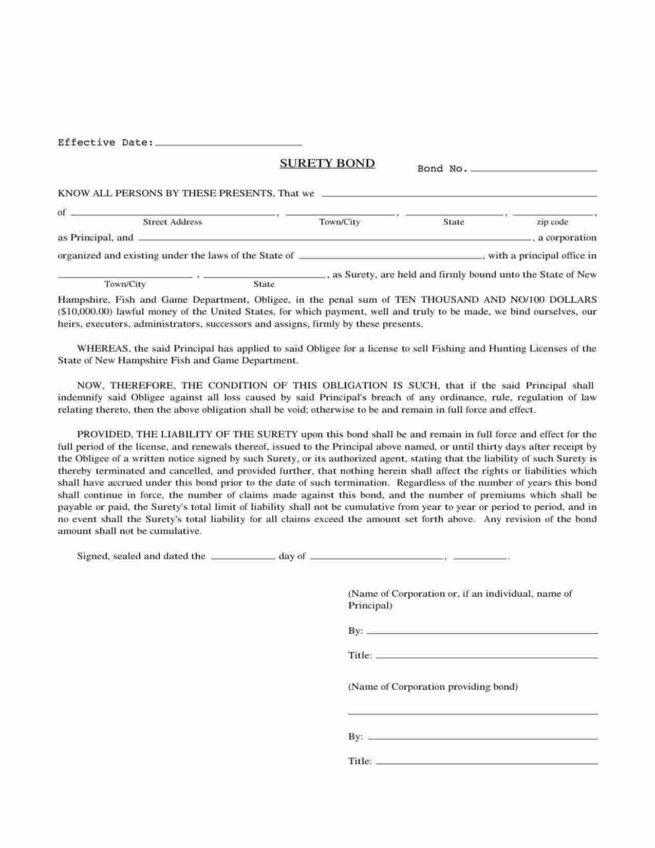 New Hampshire Fishing and Hunting License Sales Bond Form