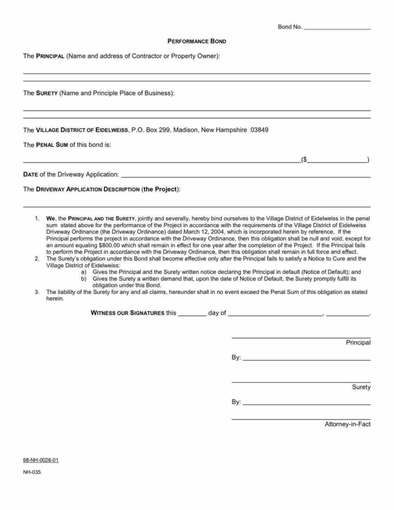 New Hampshire Driveway Performance Bond Form