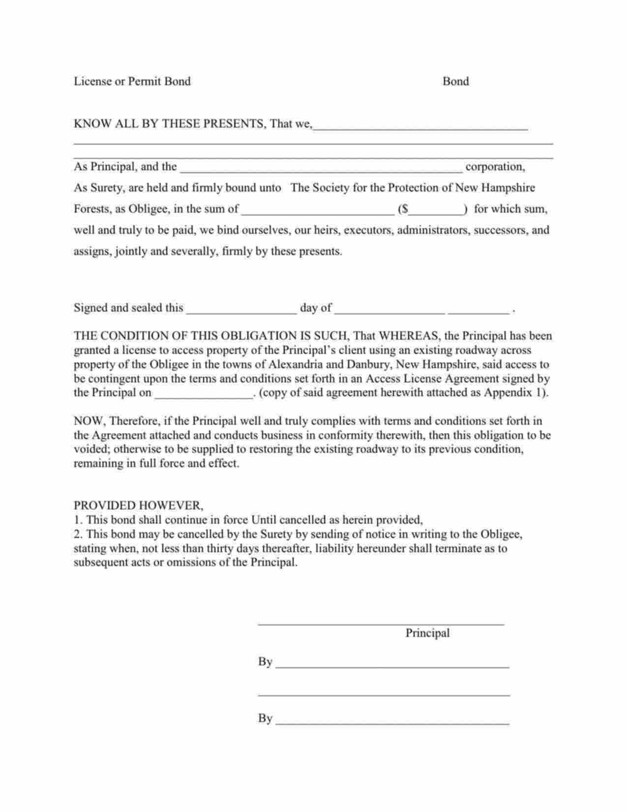 New Hampshire Timber Access License Agreement Bond Form