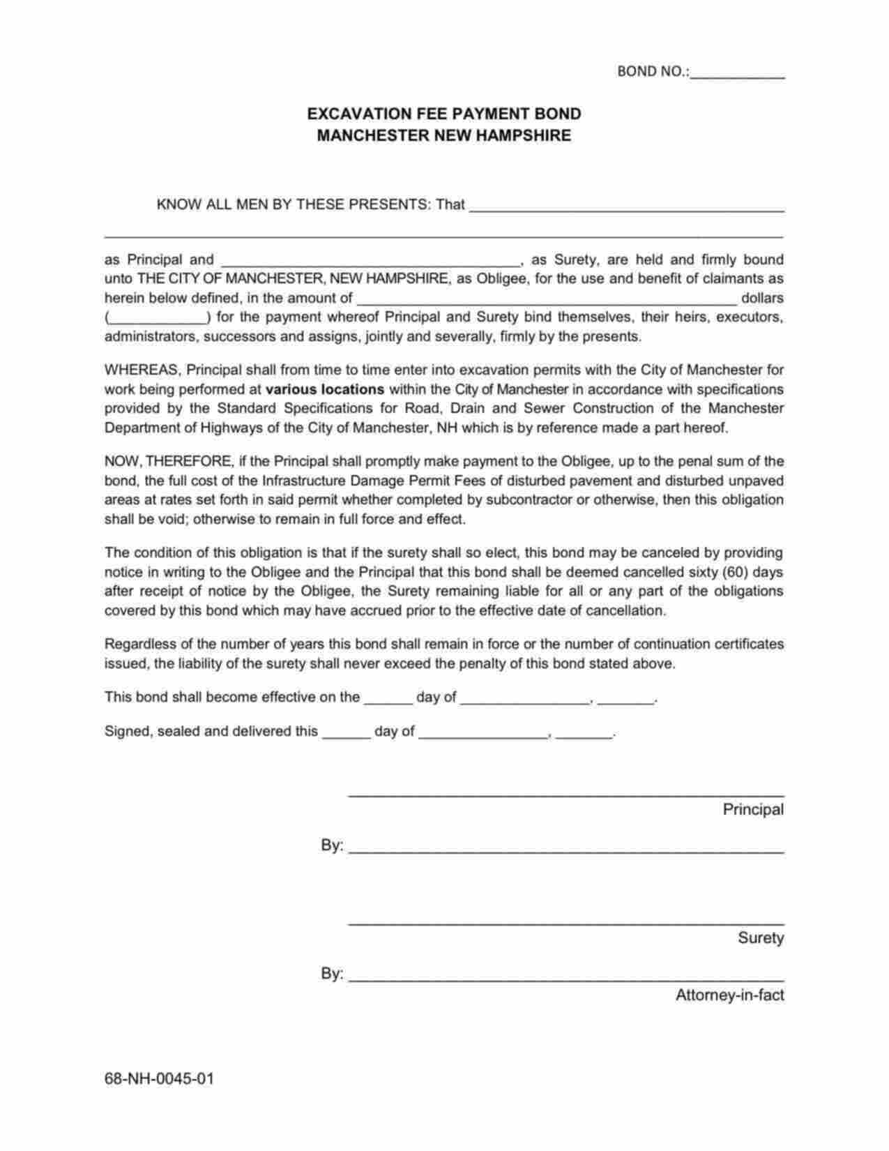 New Hampshire Excavation Fee Payment Bond Form