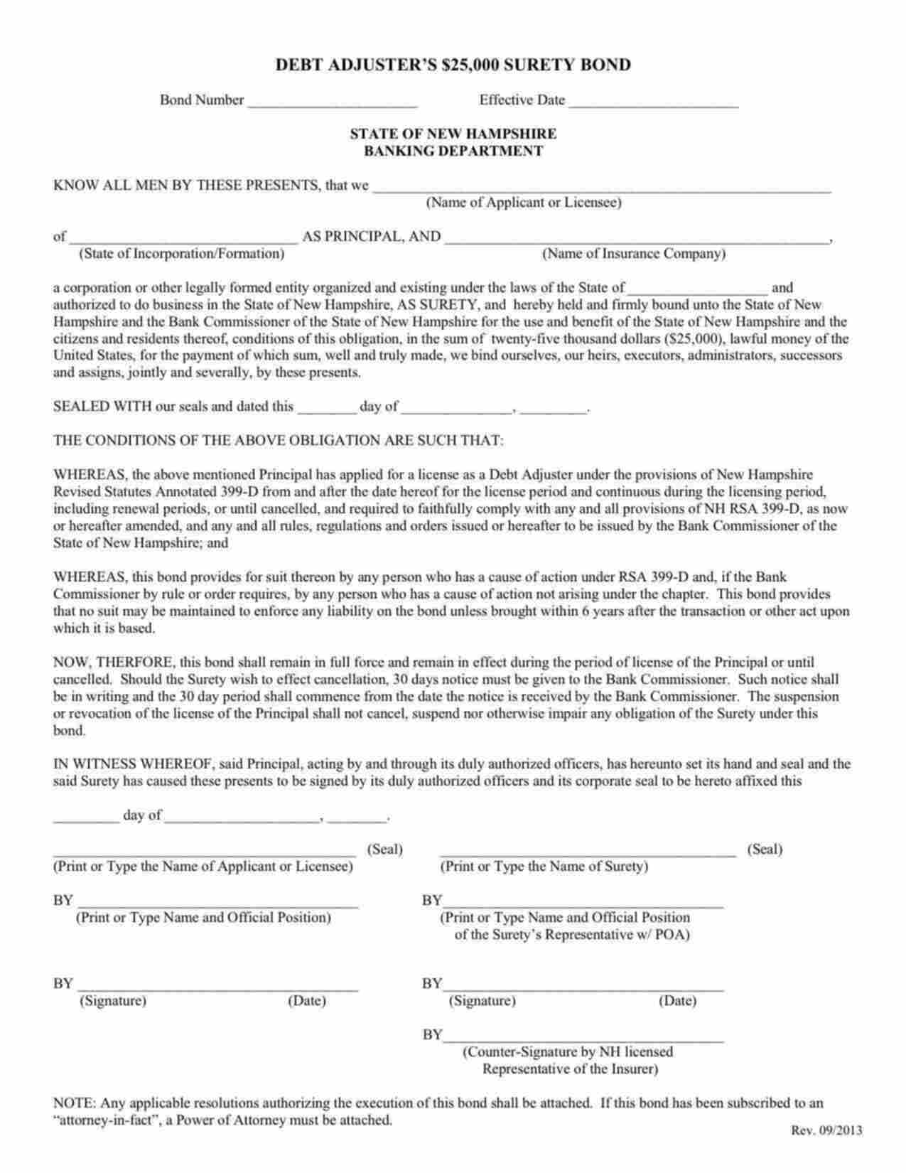 New Hampshire Debt Adjuster Bond Form