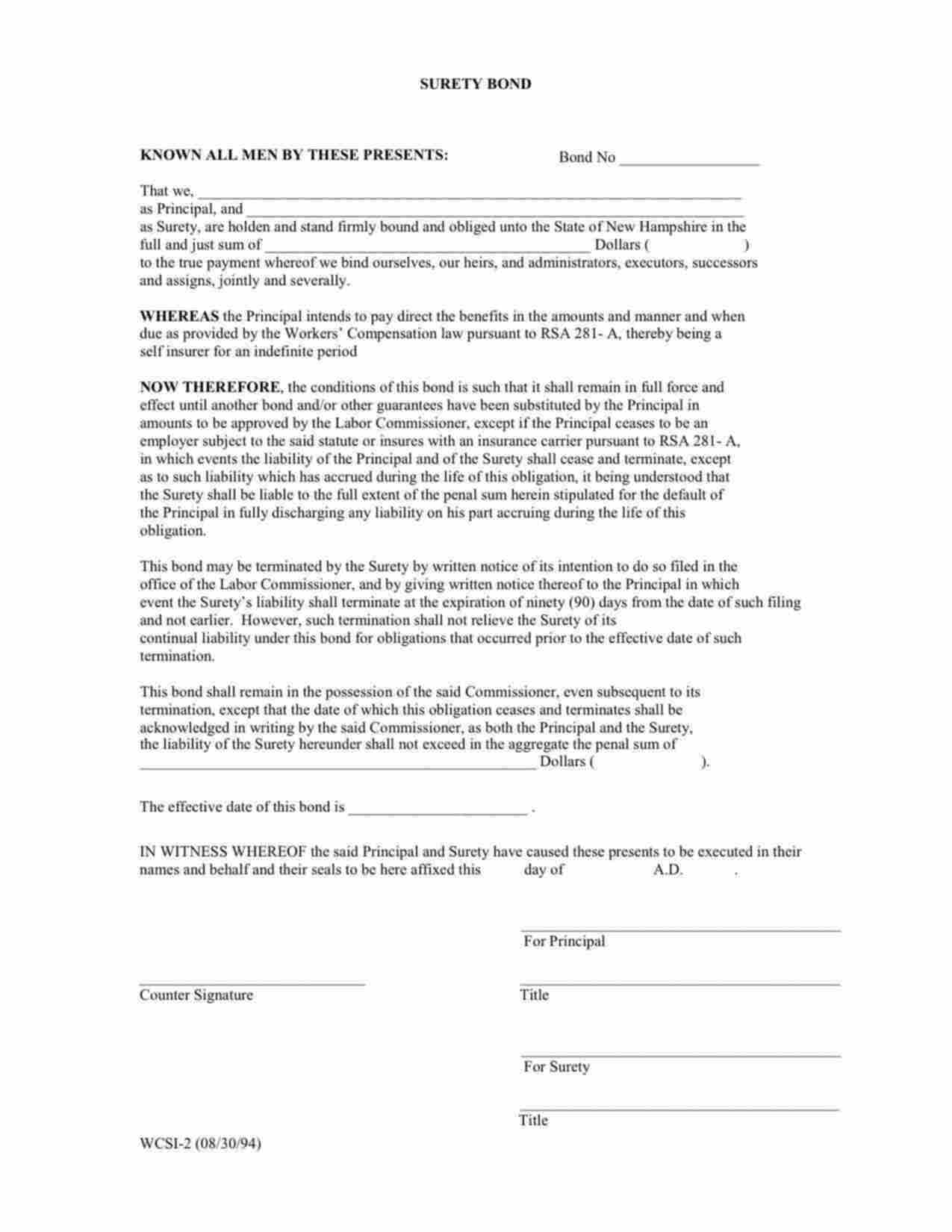 New Hampshire Self-Insurer Workers Compensation Bond Form