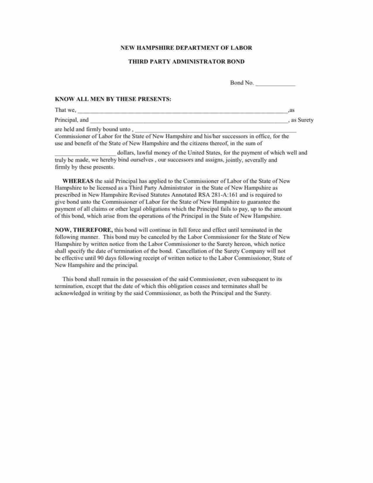 New Hampshire Self-Insurer Workers Compensation - Third Party Administrator Bond Form