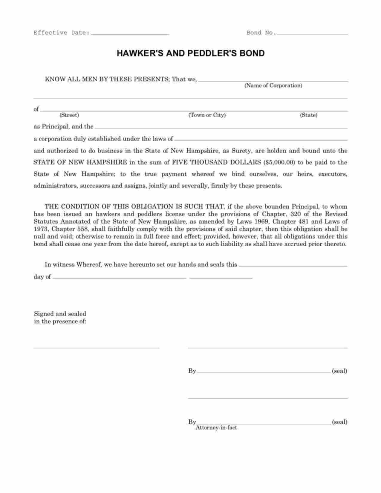 New Hampshire Hawker and Peddler License Bond Form