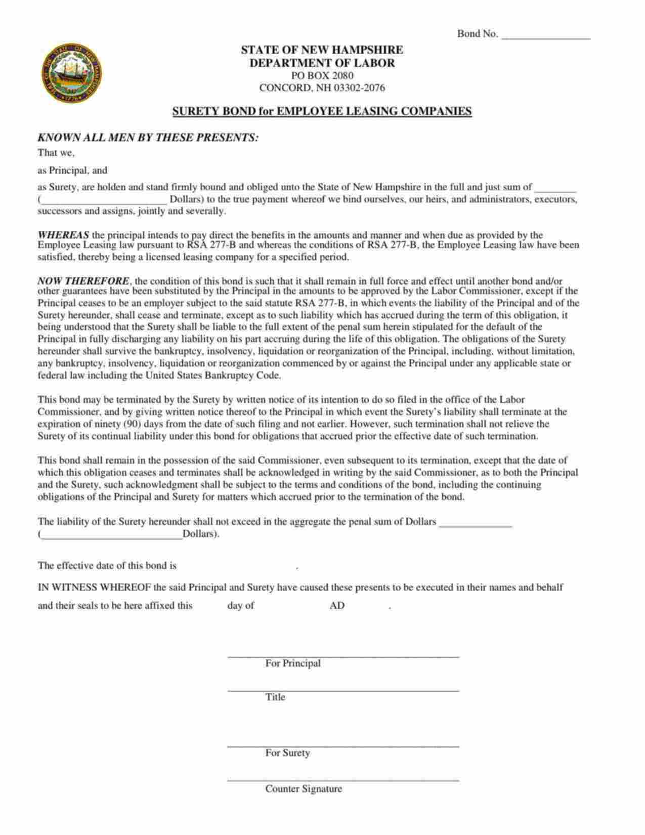 New Hampshire Employee Leasing Bond Form