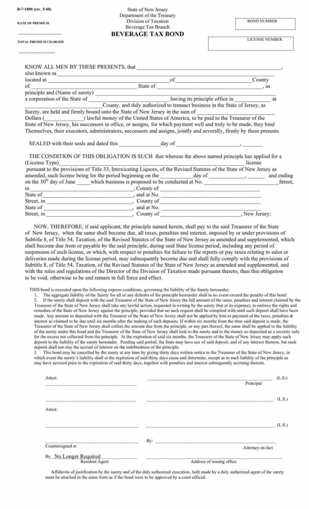 New Jersey Beverage Tax Bond Form