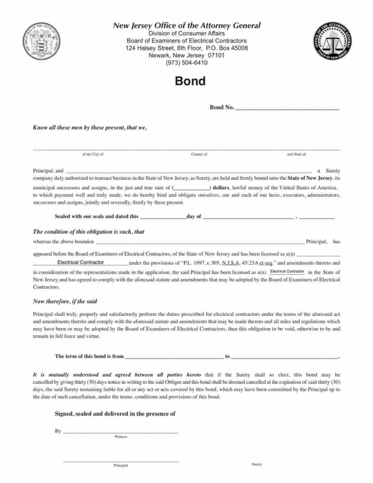 New Jersey Electrical Contractor Bond Form