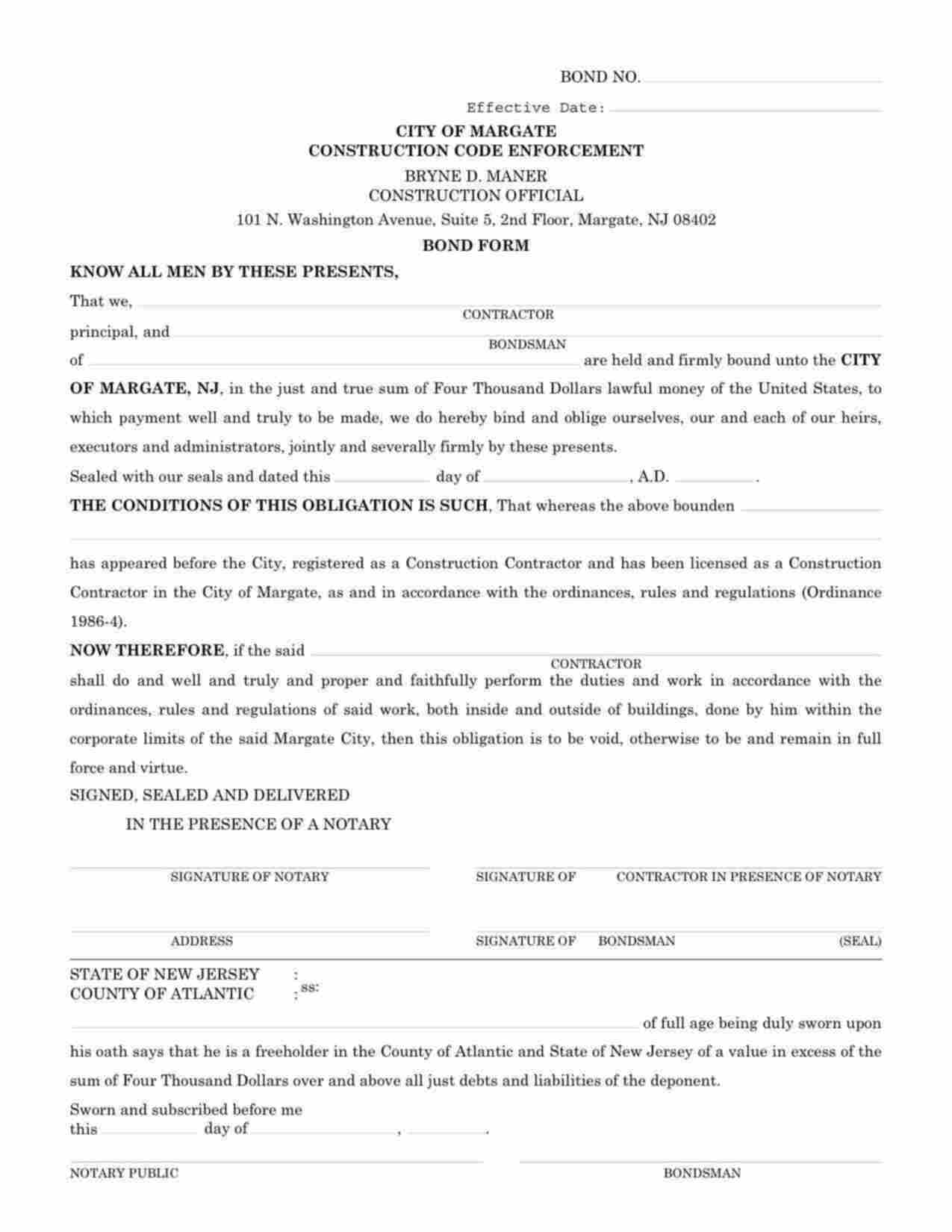 New Jersey Construction Contractor Bond Form