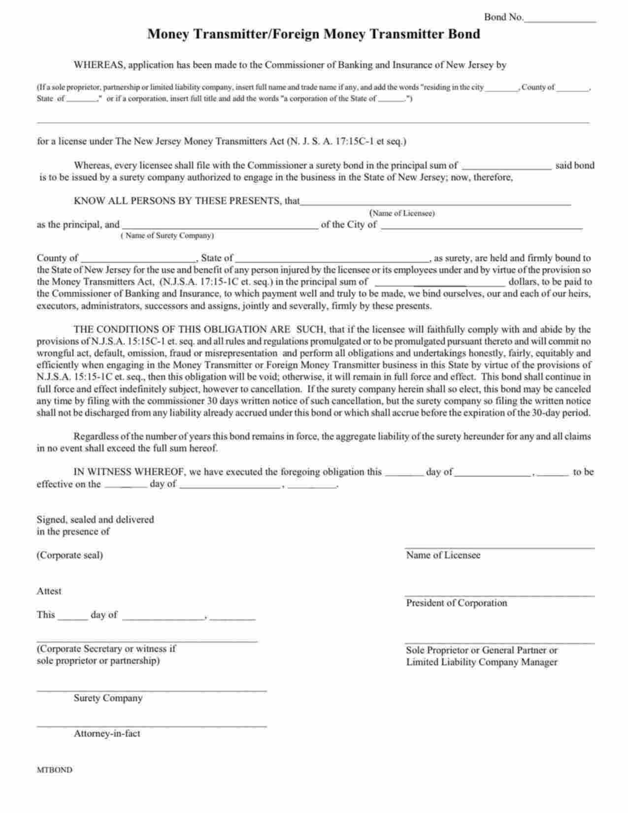 New Jersey Money Transmitter/Foreign Money Transmitter - Corporation Bond Form