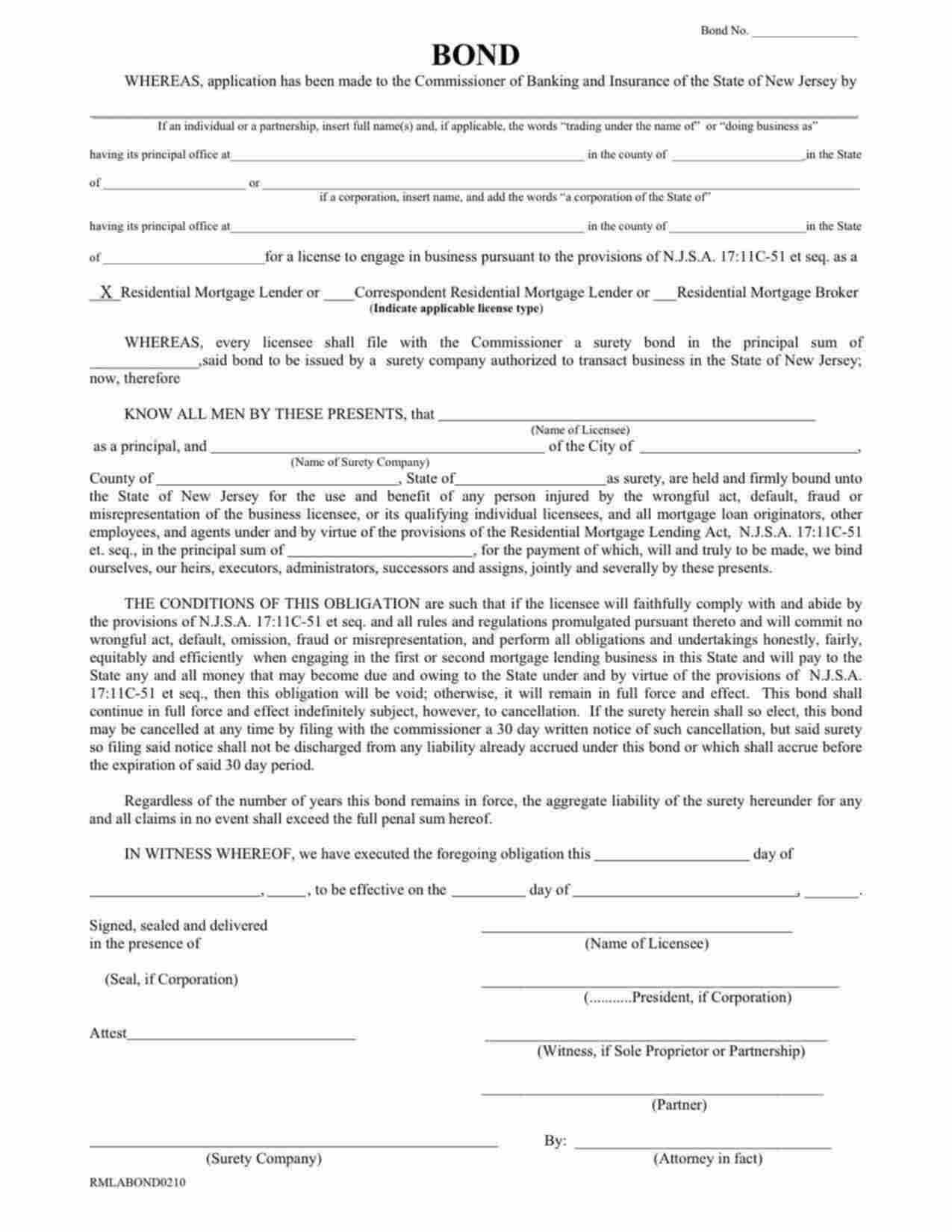 New Jersey Residential Mortgage Lender - Individual or Partnership Bond Form