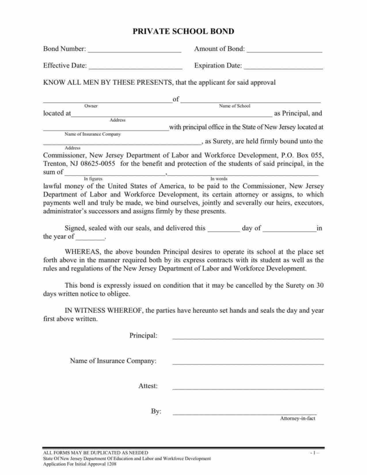 New Jersey Private School Bond Form