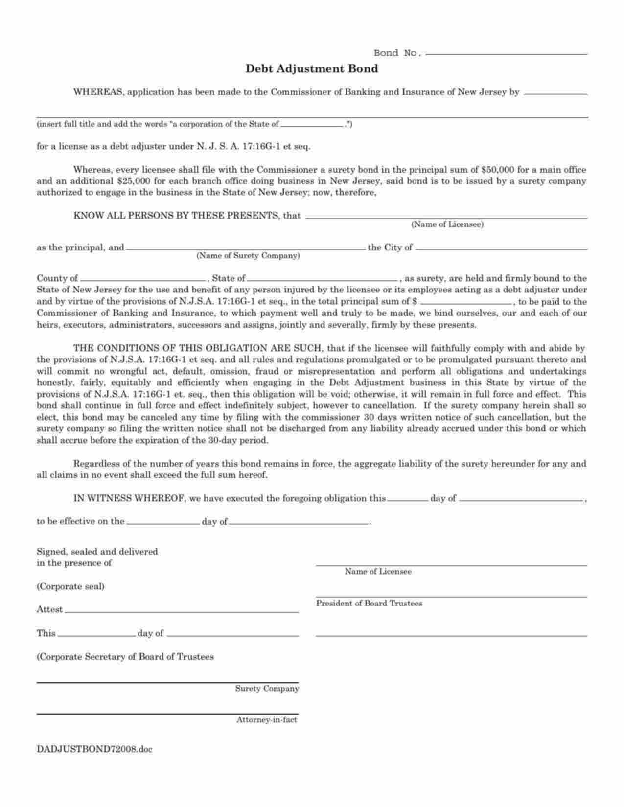 New Jersey Debt Adjustment Bond Form