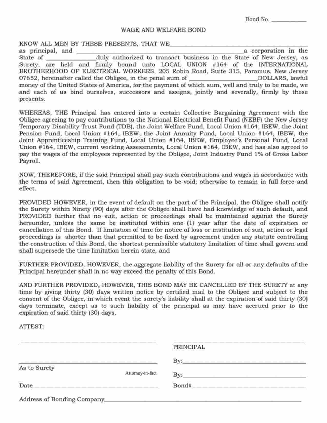 New Jersey Wage and Welfare Bond Form