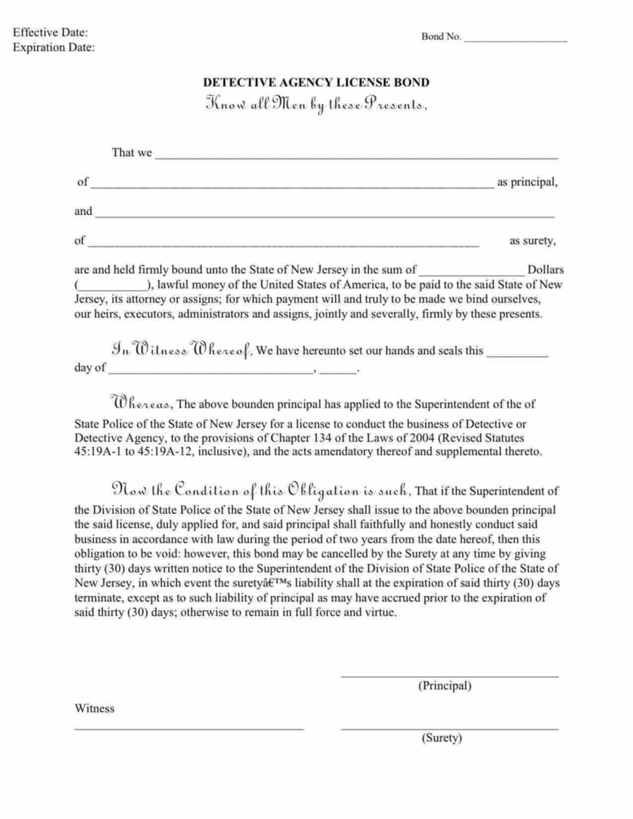 New Jersey Detective Agency License Bond Form