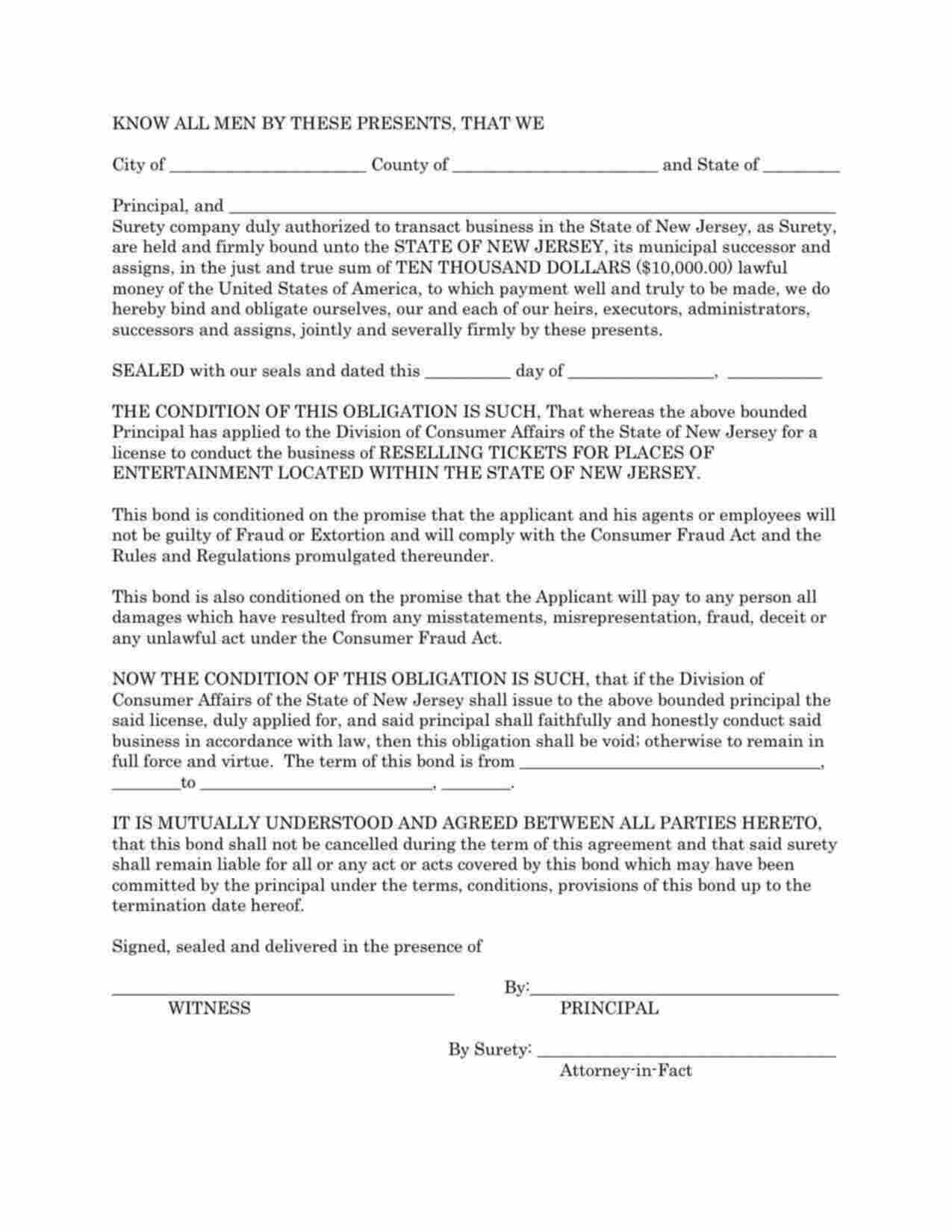 New Jersey Ticket Agent Bond Form