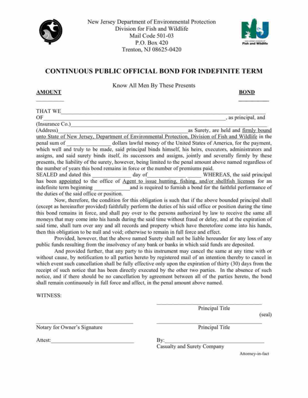 New Jersey Hunting & Fishing License Agent Bond Form