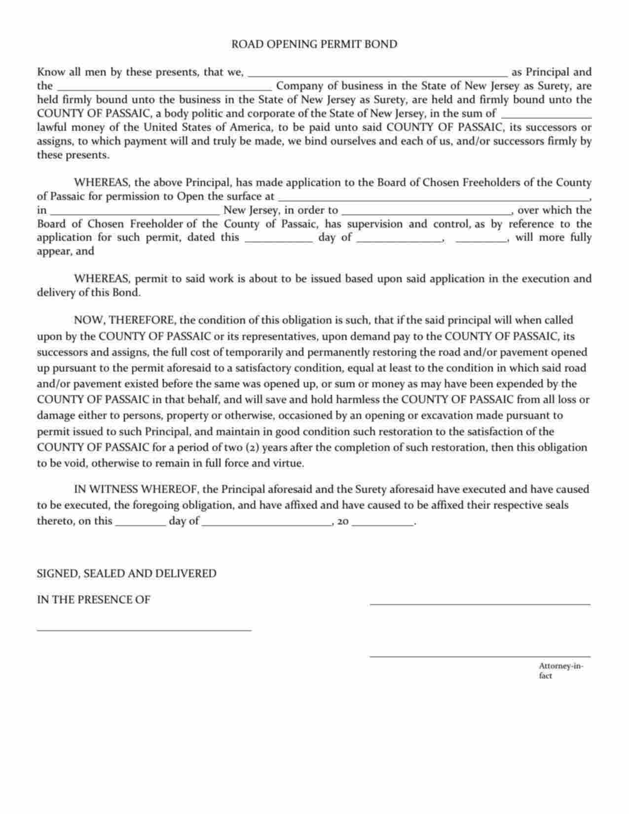 New Jersey Road Opening Permit Bond Form