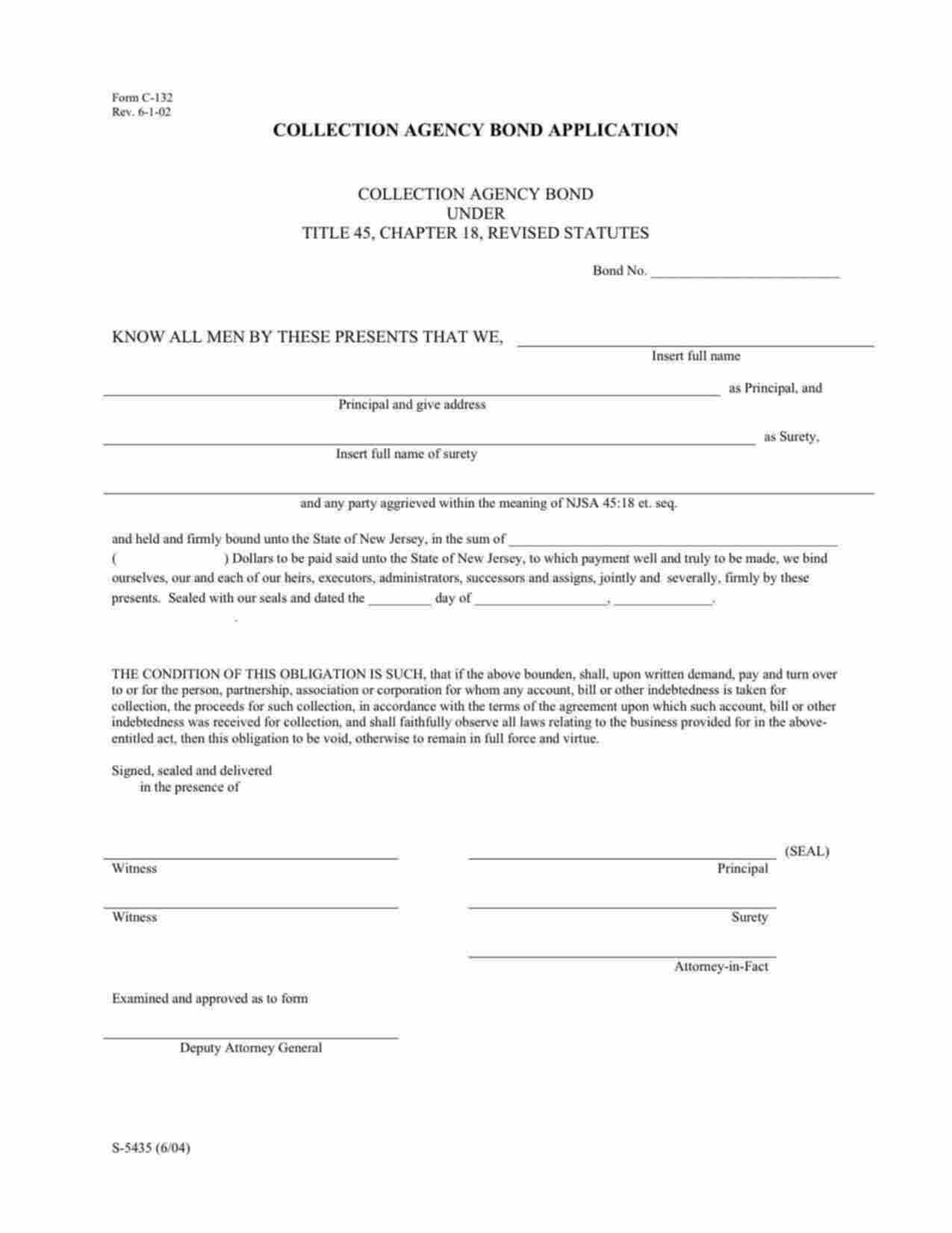 New Jersey Collection Agency Bond Form